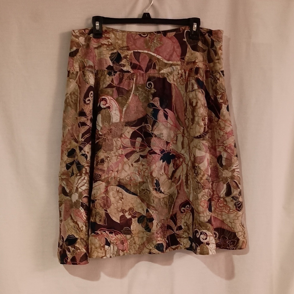 Chico's 100% Silk Skirt with Abstract Florals in Muted Colors and Embroidery